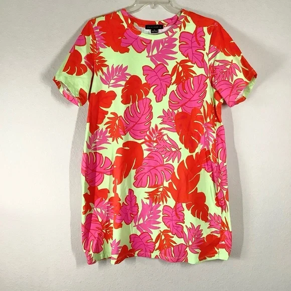 SANCTUARY Tropical Palm Print T-Shirt Dress 1X Pink Chartreuse Resort Vacation - Picture 8 of 9